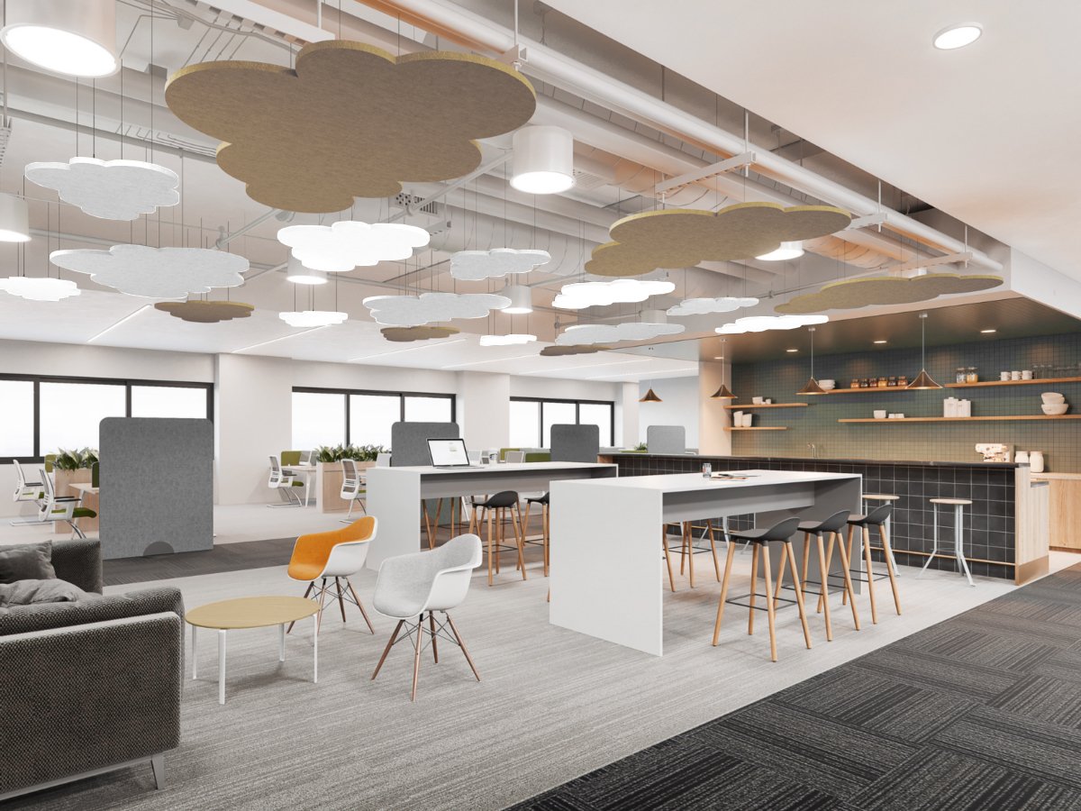 Bilnora extra dense cloud-shaped acoustic ceiling panel in modern office