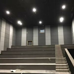 Black and grey acoustic panels in a concert hall Black and grey acoustic panels in a concert hall