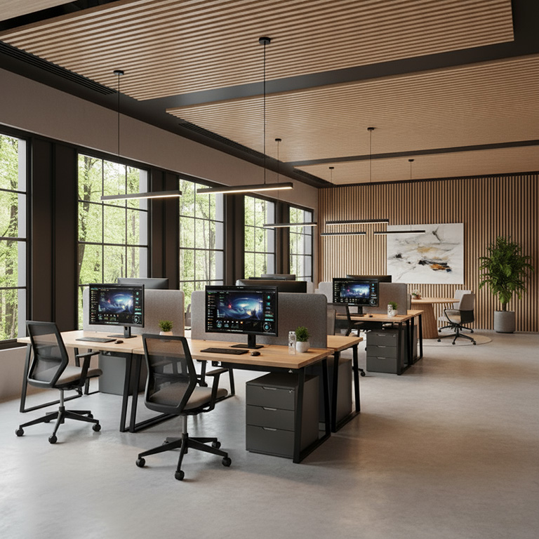 Open office with acoustic wooden slatted panels on walls and ceiling