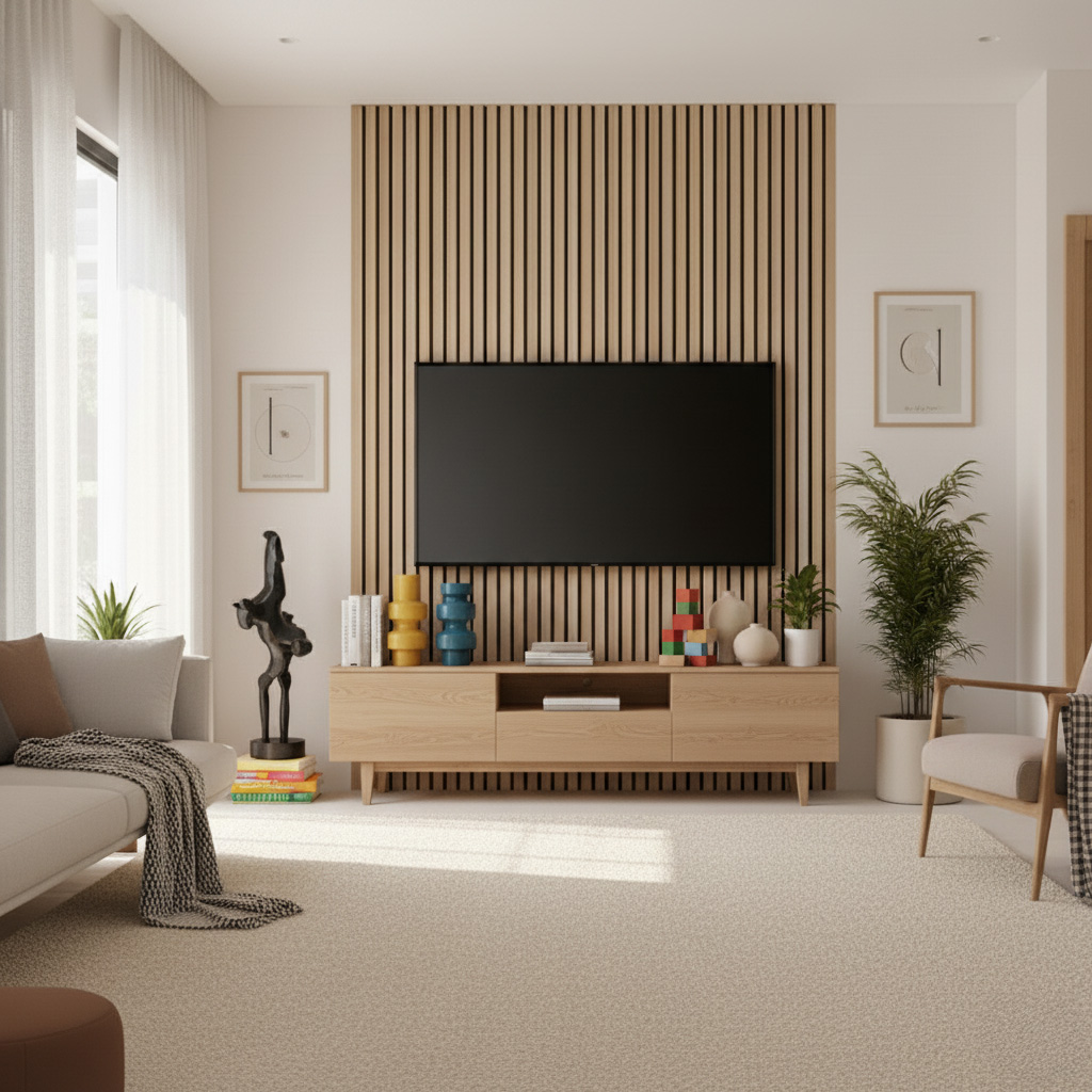 Slatted acoustic panels behind TV in a modern living room