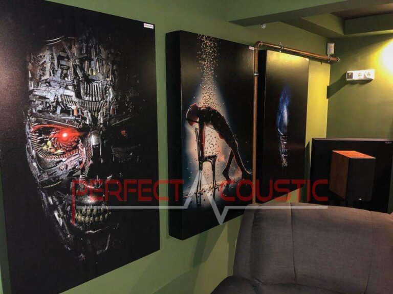 Wall-mounted acoustic panels with custom futuristic prints