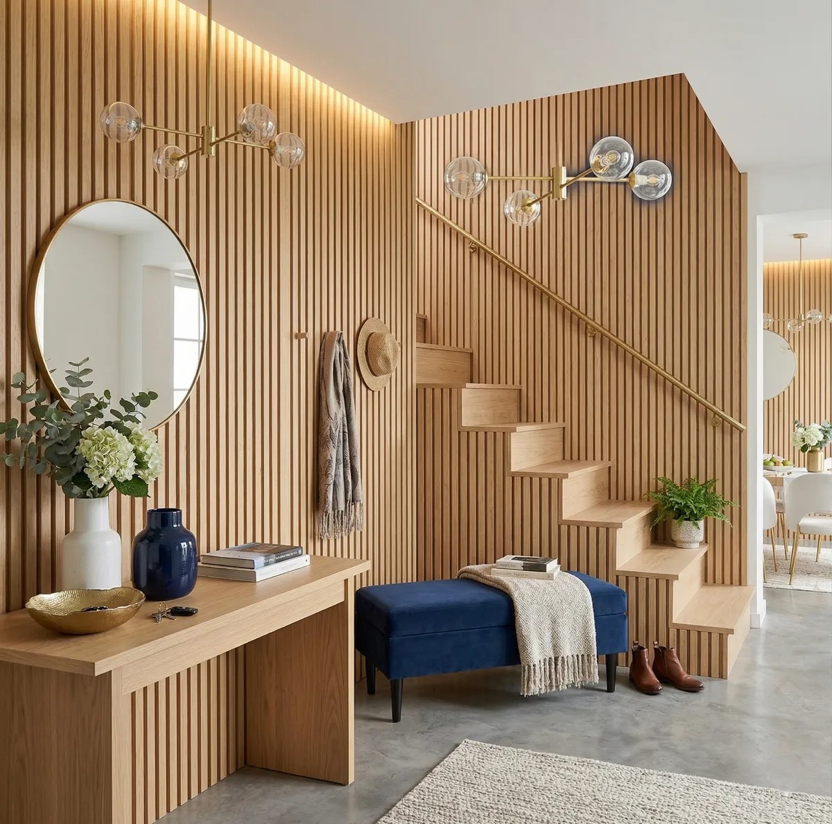 Acoustic panels for flats in an entryway wall solution with wood slats and noise-reducing cladding