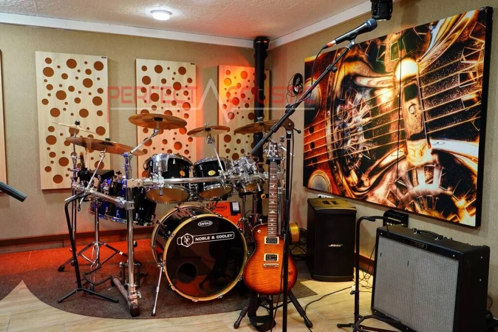 Acoustic wall picture with guitar artwork in music studio