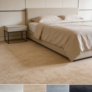 Aurora soundproofing rug in a bedroom, four colours: beige, sand, silver, anthracite