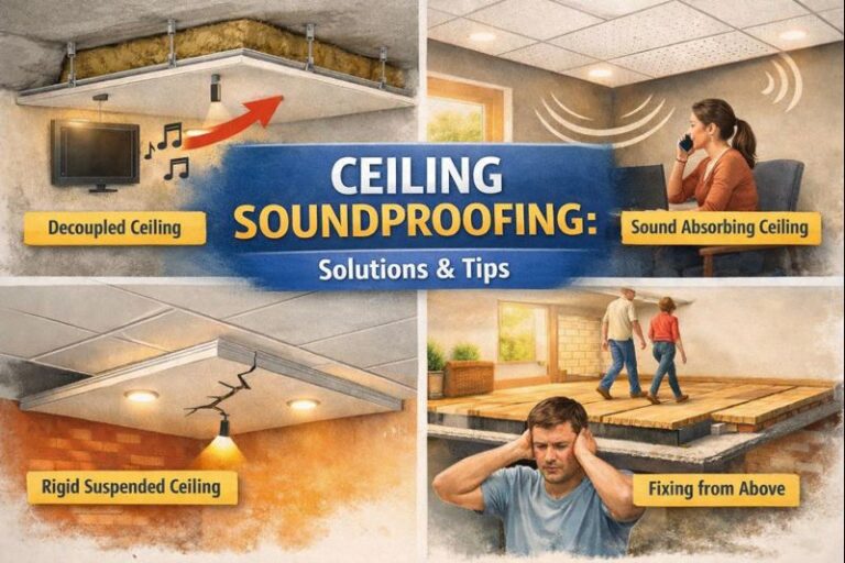 Suspended ceiling soundproofing comparison showing decoupled ceiling, acoustic absorption, rigid suspended ceiling and source-side noise reduction