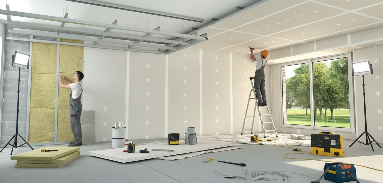 Workers mounting drywall ceiling panels for soundproofing