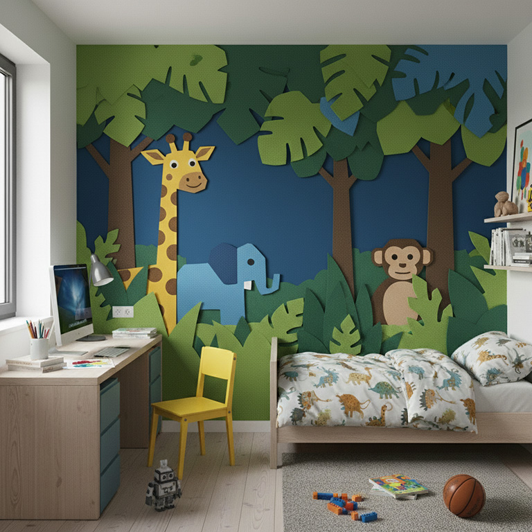 Colorful felt acoustic panels with animal shapes in a children's room