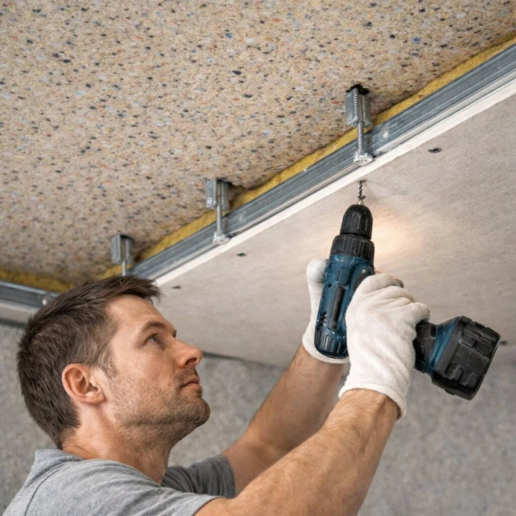 Installer mounting a decoupled suspended ceiling system as part of retrofit ceiling soundproofing to reduce noise from above
