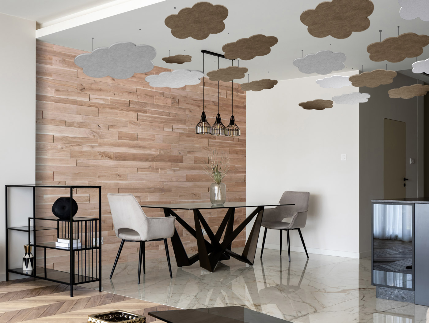 Design acoustic ceiling clouds installed above a dining table