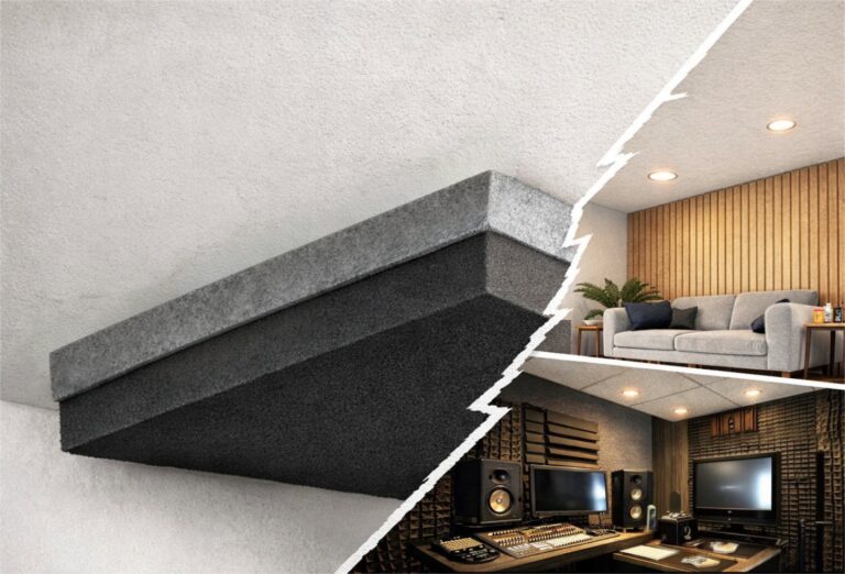 Thin ceiling soundproofing with layered acoustic foam installation