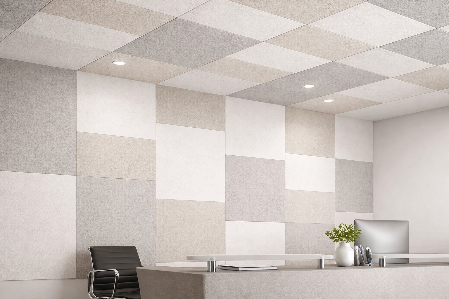 Retrofit ceiling soundproofing in a modern office with multi-layer acoustic panels and suspended ceiling system