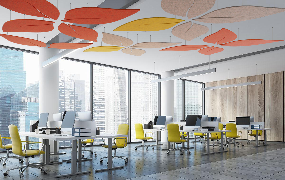 Leaf-shaped acoustic ceiling panels suspended in a decorative pattern