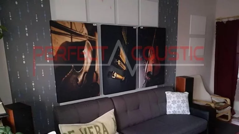 Printed acoustic wall pictures with musical instruments above sofa