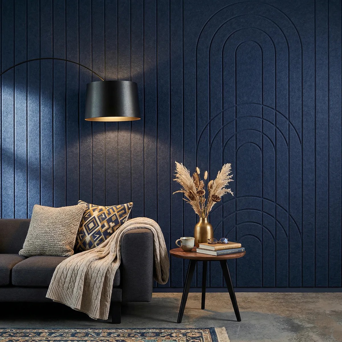 Soundproof a flat solution with dark blue acoustic wall panels in a modern living room