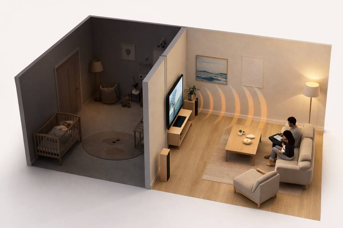 soundproof wall blocking noise between living room and bedroom in a flat