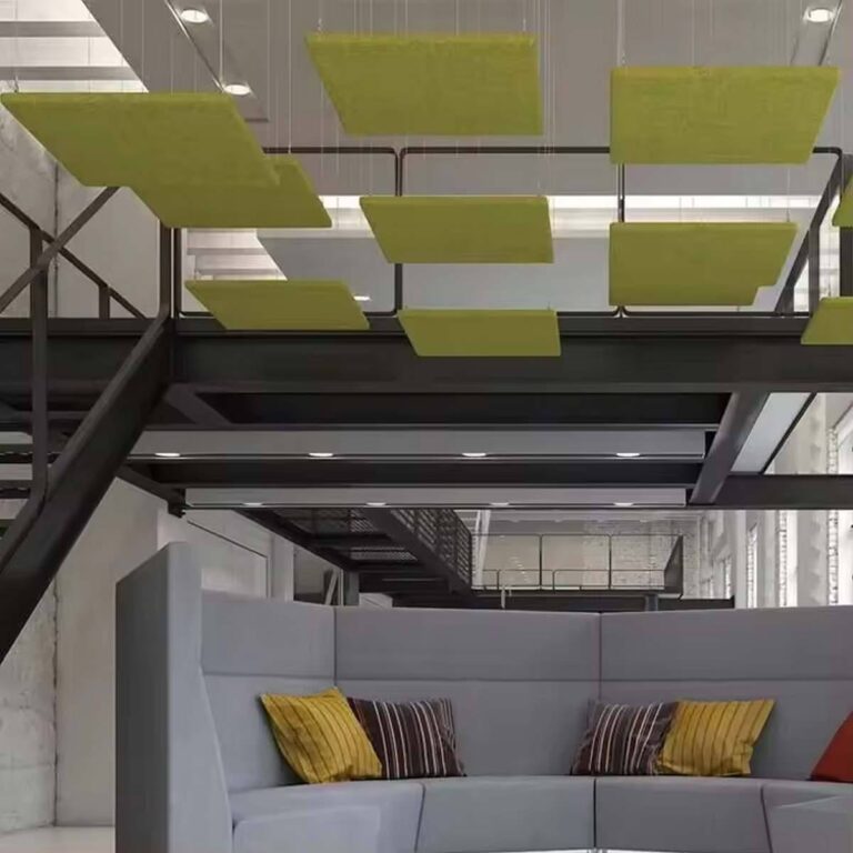 Suspended acoustic ceiling panels improving acoustics in an open office